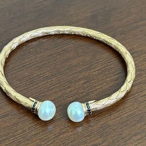 Honora Cultured White Pearl Black Spinel Gemstones Cuff  Bracelet  Bronze